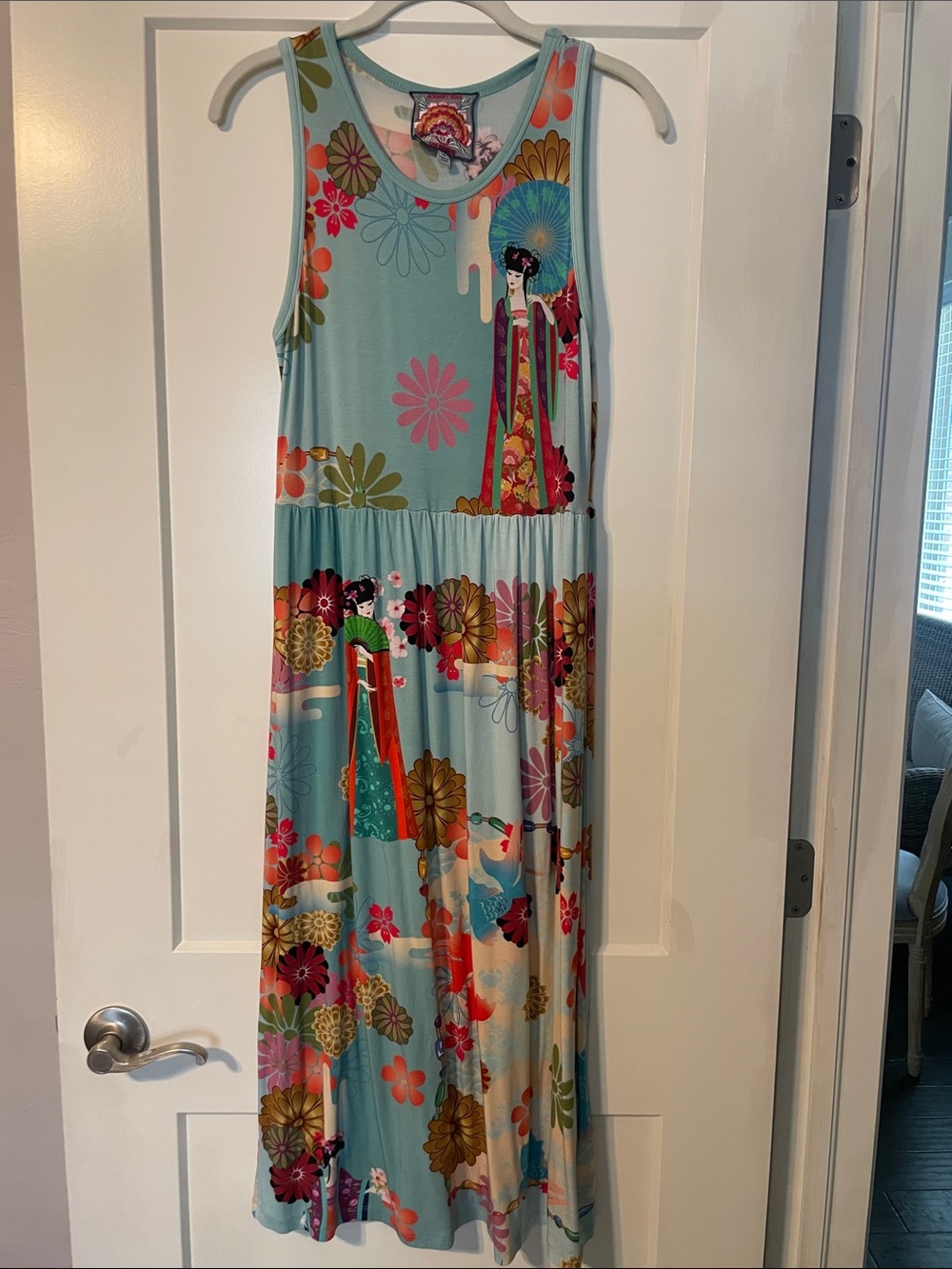 Johnny Was Aqua Maxi Dress with Multicolor Floral & Geisha Print